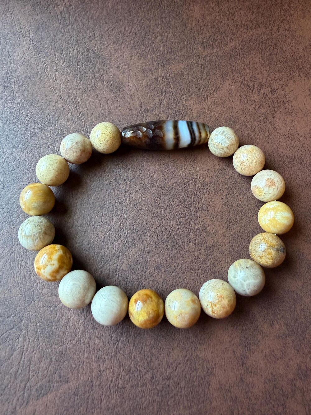 Natural Fossil Coral & Banded Agate Bracelet | Earthy Neutral Stone Jewelry 10mm